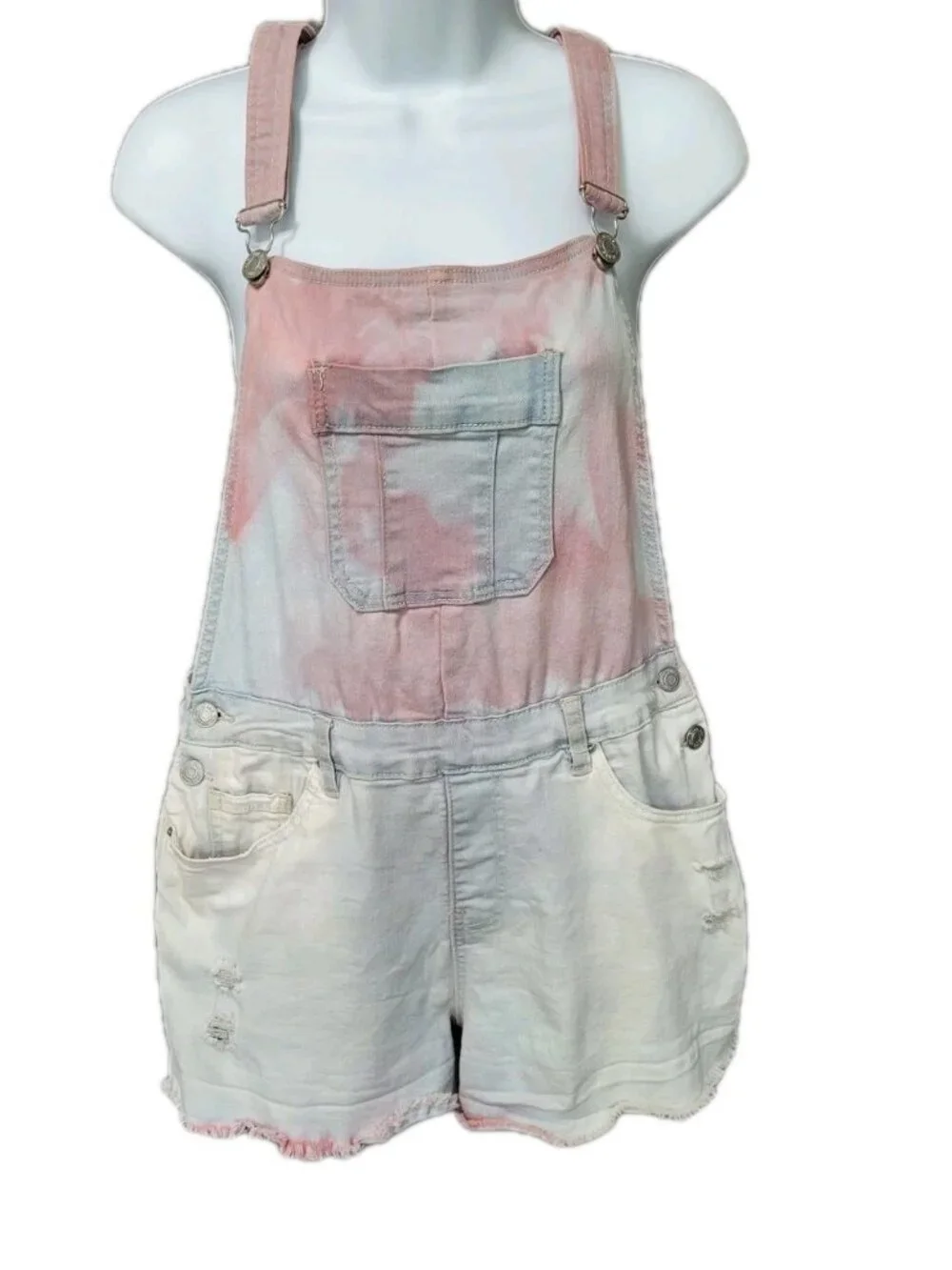 YMI Stretch Denim Shorts Bib Overalls Size 7 Tie Dye Rainbow Pink Blue Y2K Baggy